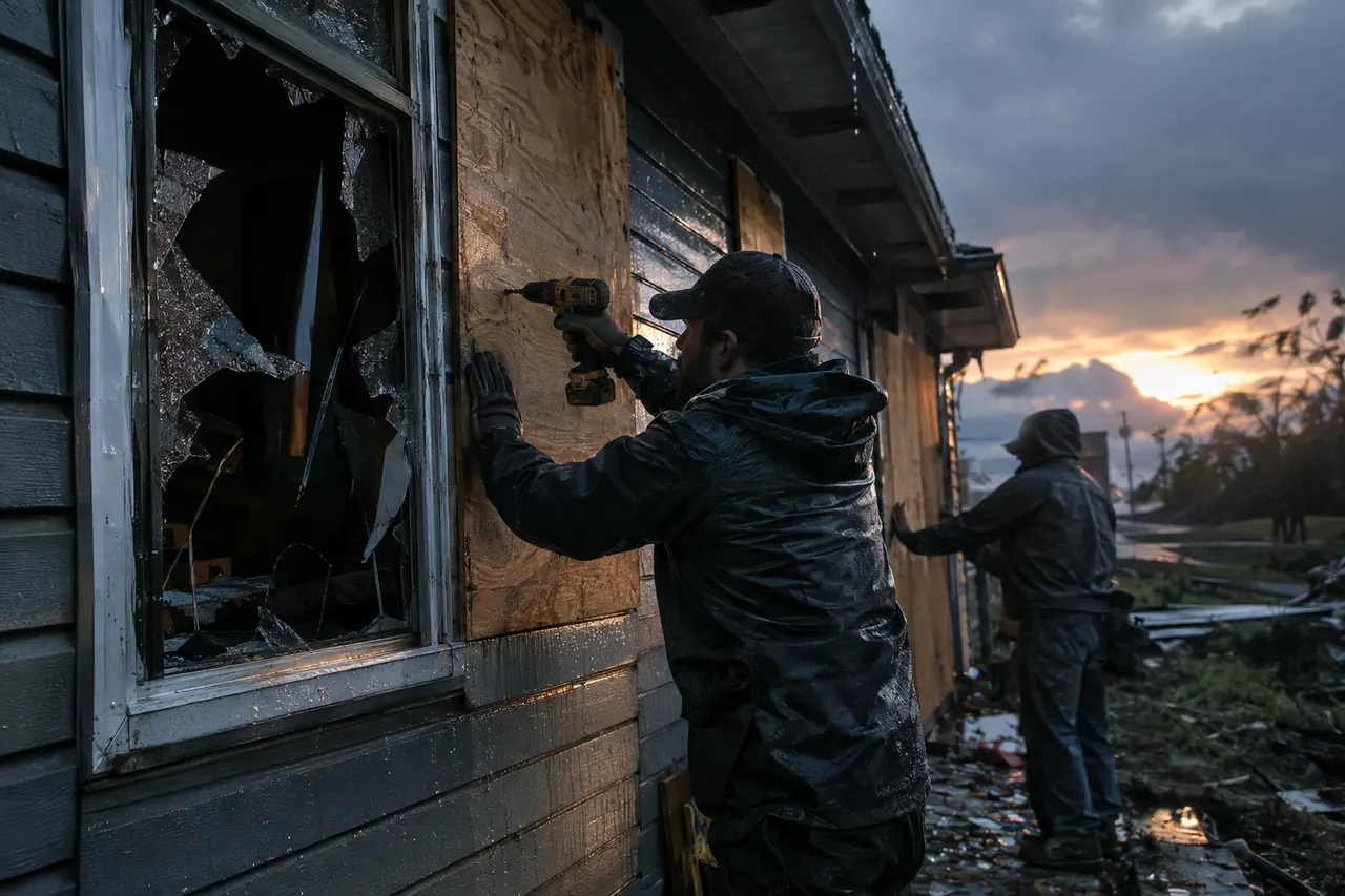 Worker boarding up a broken window