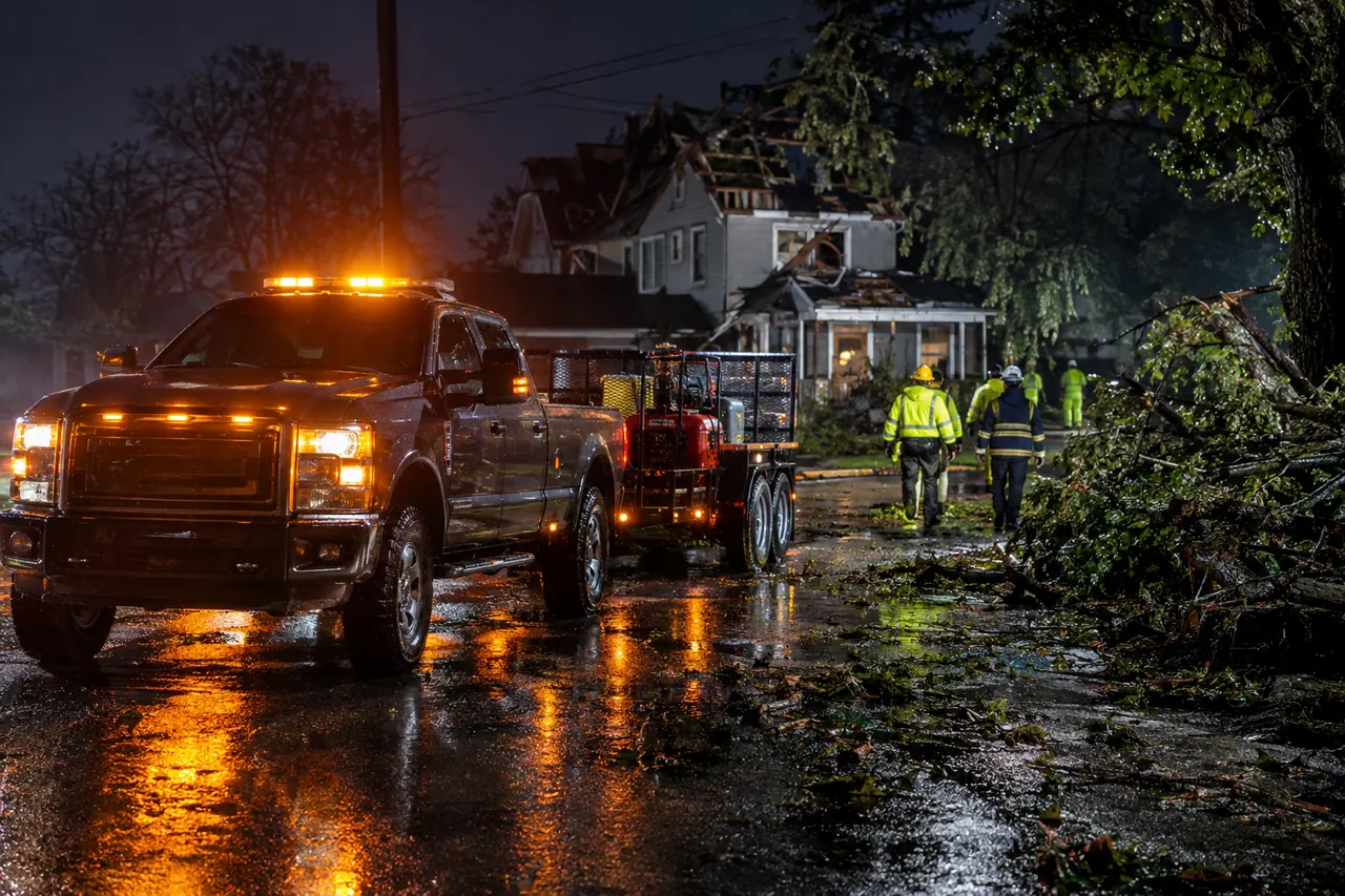 Storm Team 6 truck with amber lights at a storm-damaged property at night