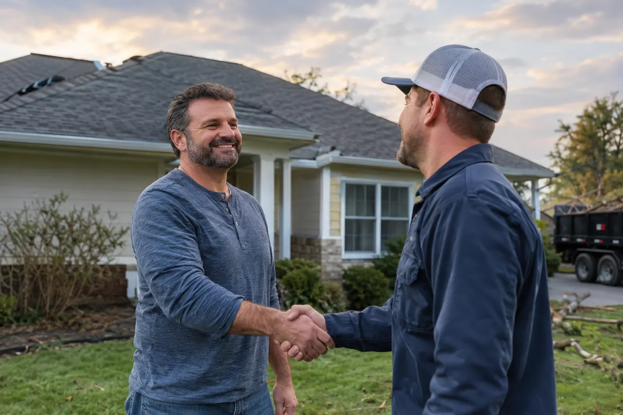Homeowner shaking hands with a Storm Team 6 crew member outside the house