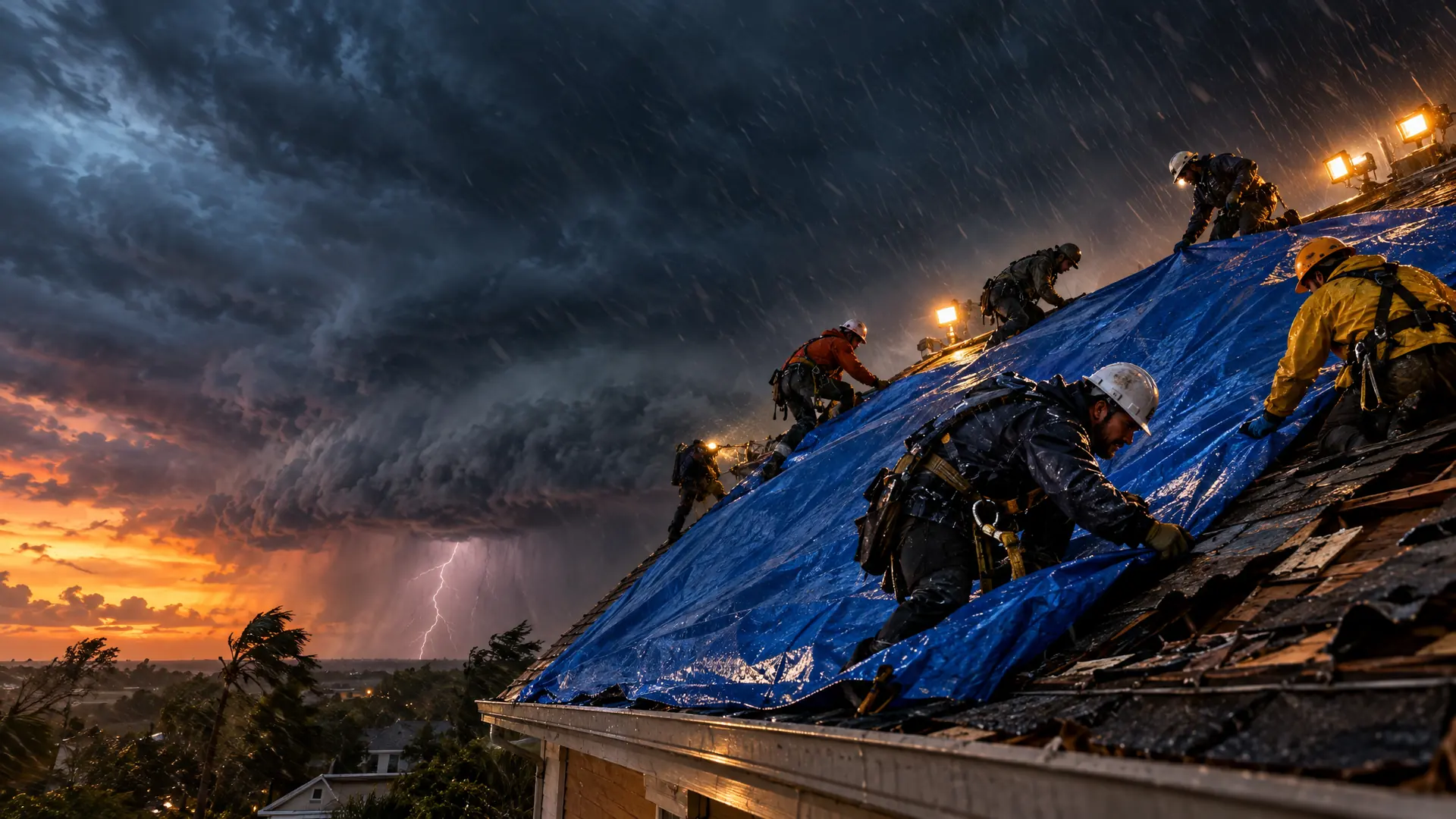 Storm Team 6 crew securing a tarp on a roof under a storm sky
