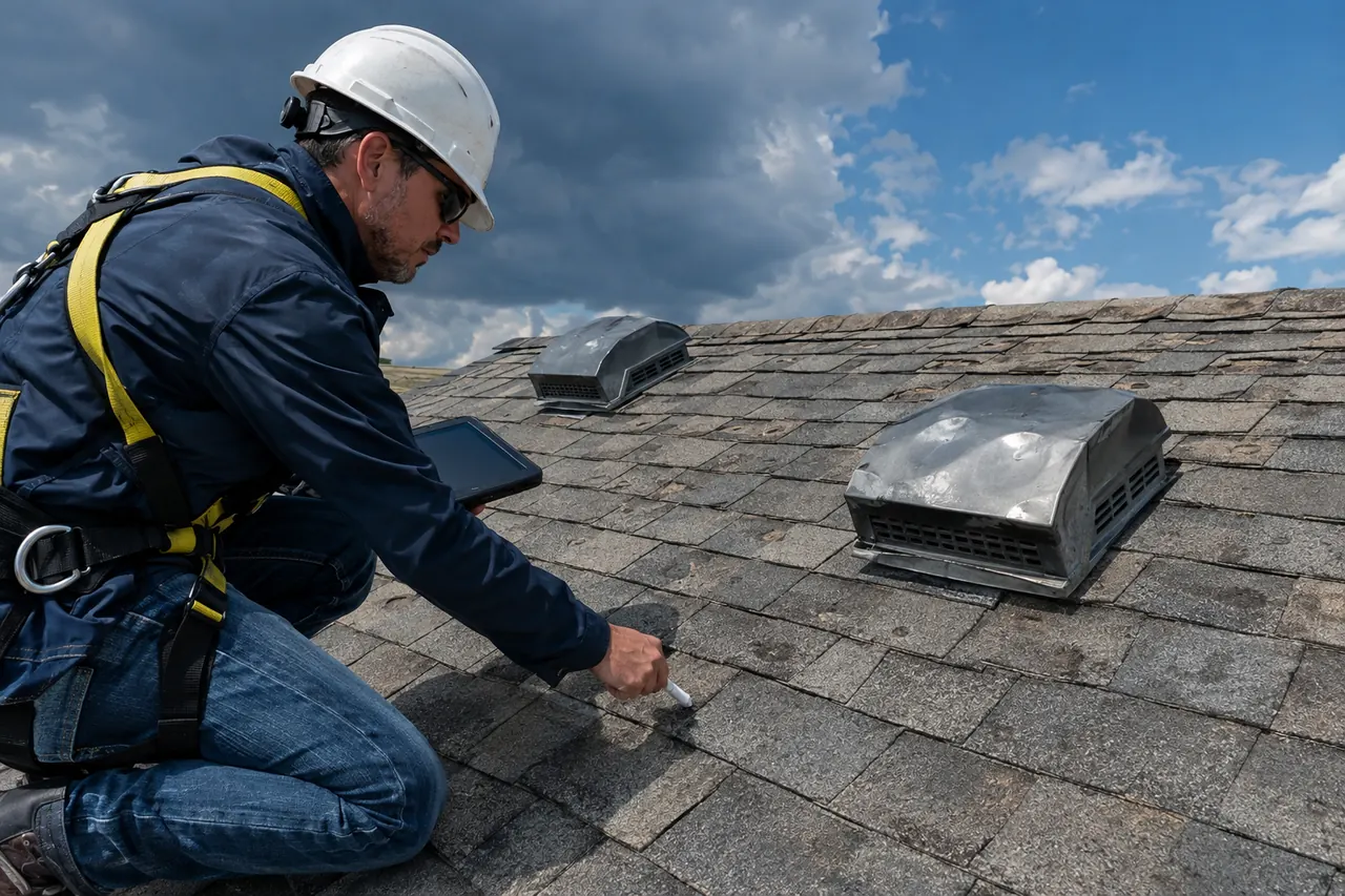 Roofer in a safety harness inspecting a roof