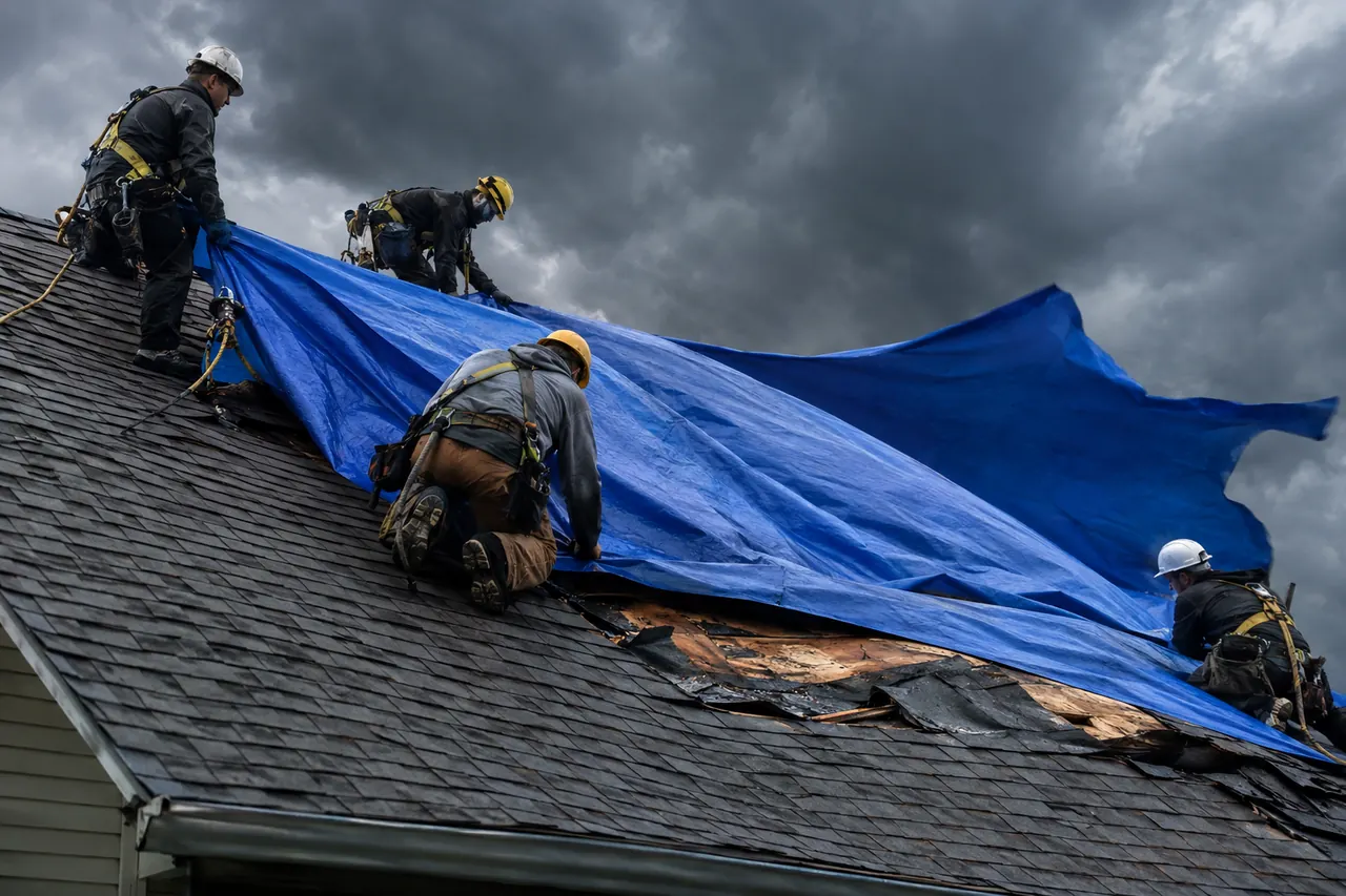 Crew securing a blue tarp on a storm-damaged roof