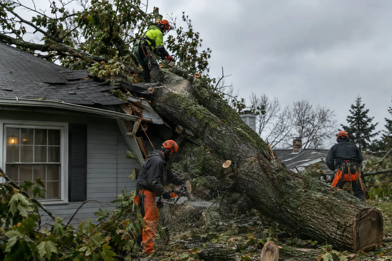 Crew cutting a fallen tree off a house